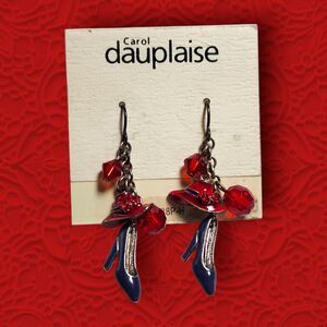 Carol Dauplaise Red Hat Purple Shoe Vintage Dangle Hook Earrings NEW on Card